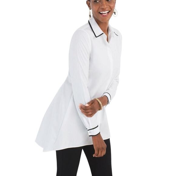 Chico's White/Black Button Up No Iron Contrast Trim Tunic Blouse Size US 4-6P - Picture 3 of 10